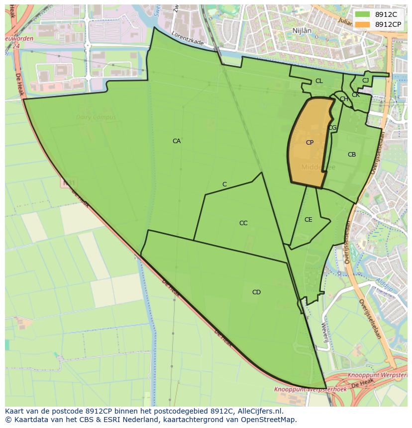 Afbeelding van het postcodegebied 8912 CP op de kaart.