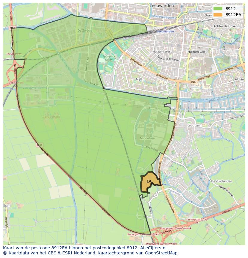 Afbeelding van het postcodegebied 8912 EA op de kaart.