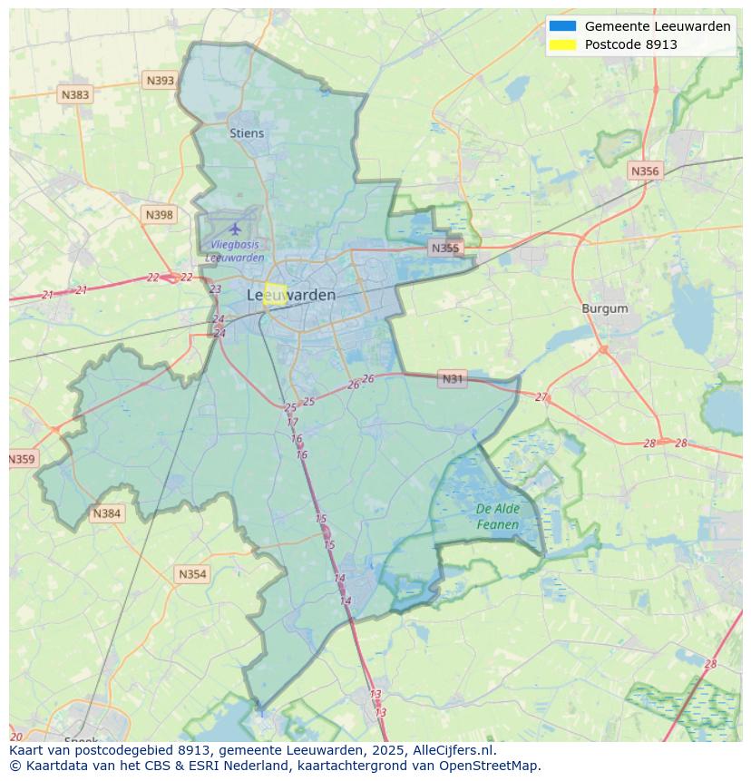 Afbeelding van het postcodegebied 8913 op de kaart.