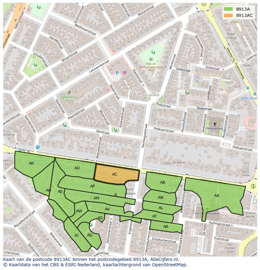 Afbeelding van het postcodegebied 8913 AC op de kaart.