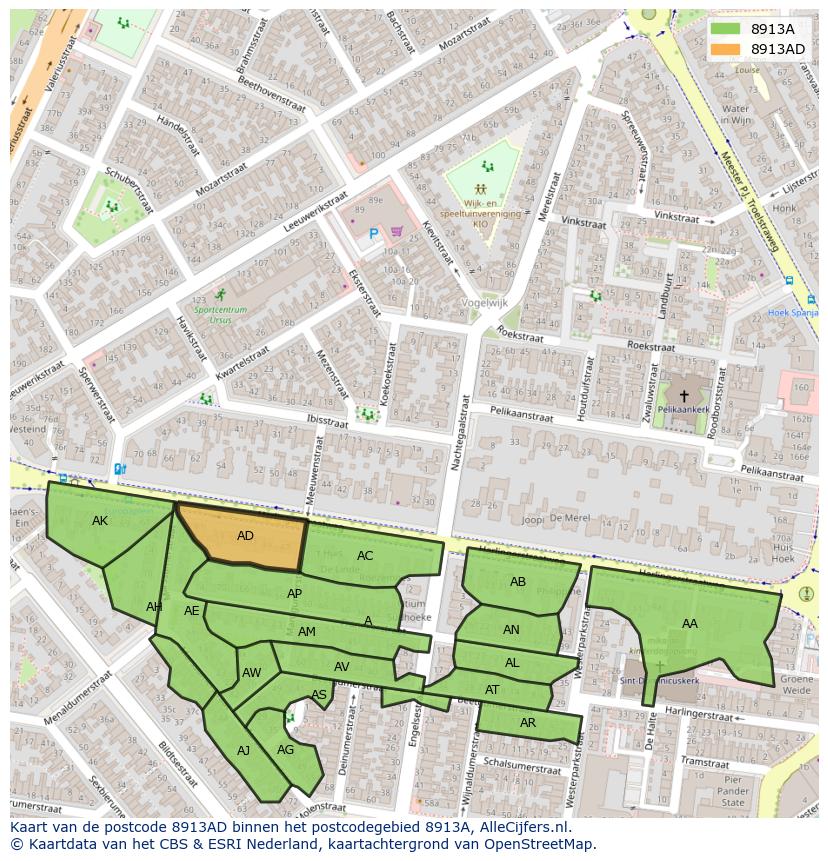 Afbeelding van het postcodegebied 8913 AD op de kaart.