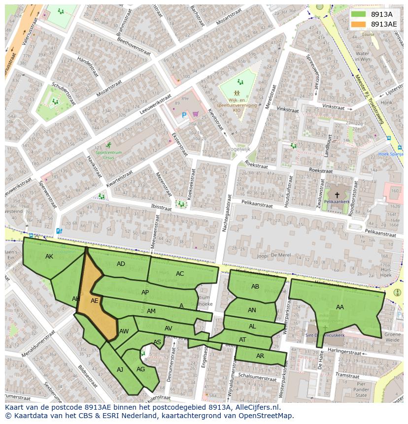 Afbeelding van het postcodegebied 8913 AE op de kaart.