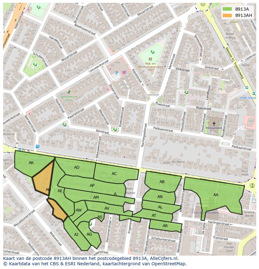 Afbeelding van het postcodegebied 8913 AH op de kaart.