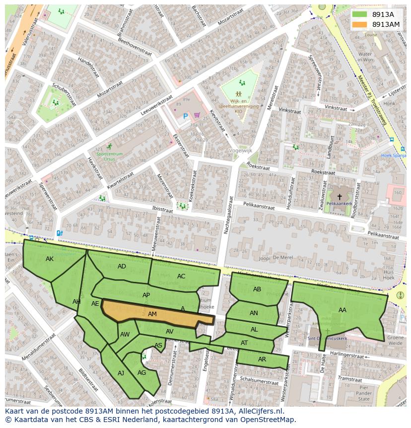 Afbeelding van het postcodegebied 8913 AM op de kaart.