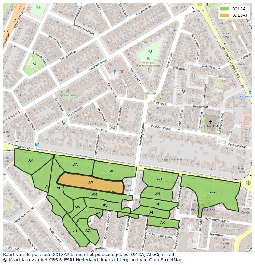 Afbeelding van het postcodegebied 8913 AP op de kaart.