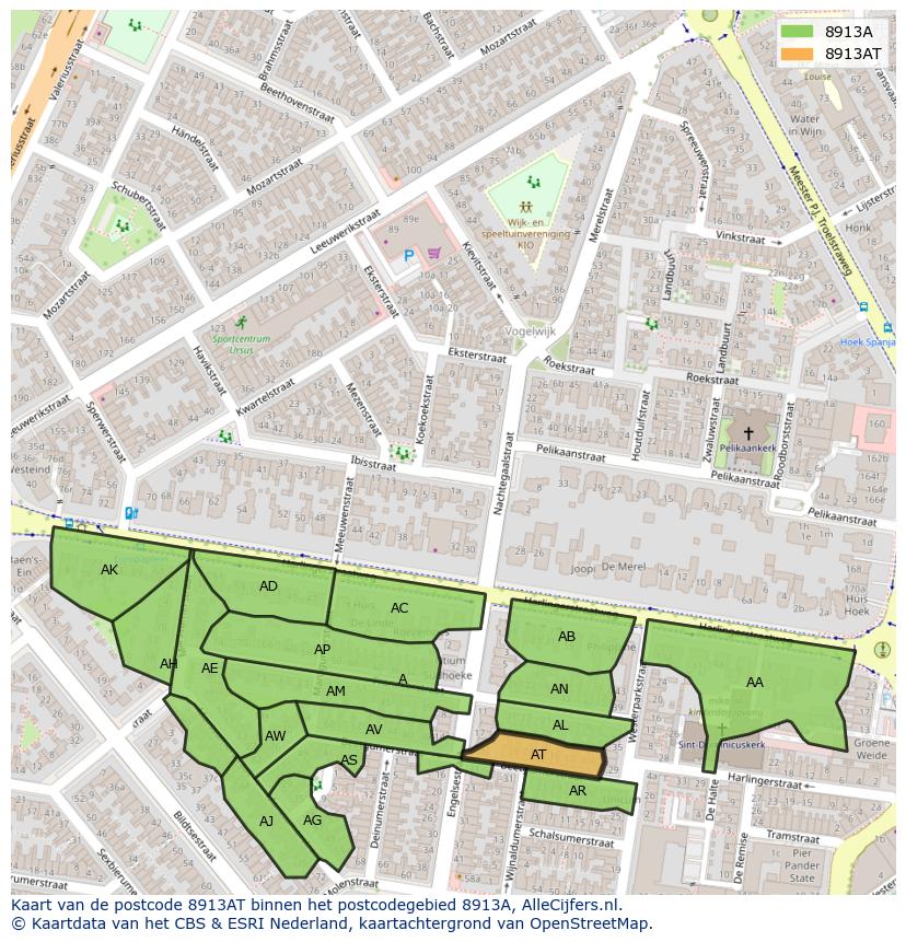 Afbeelding van het postcodegebied 8913 AT op de kaart.