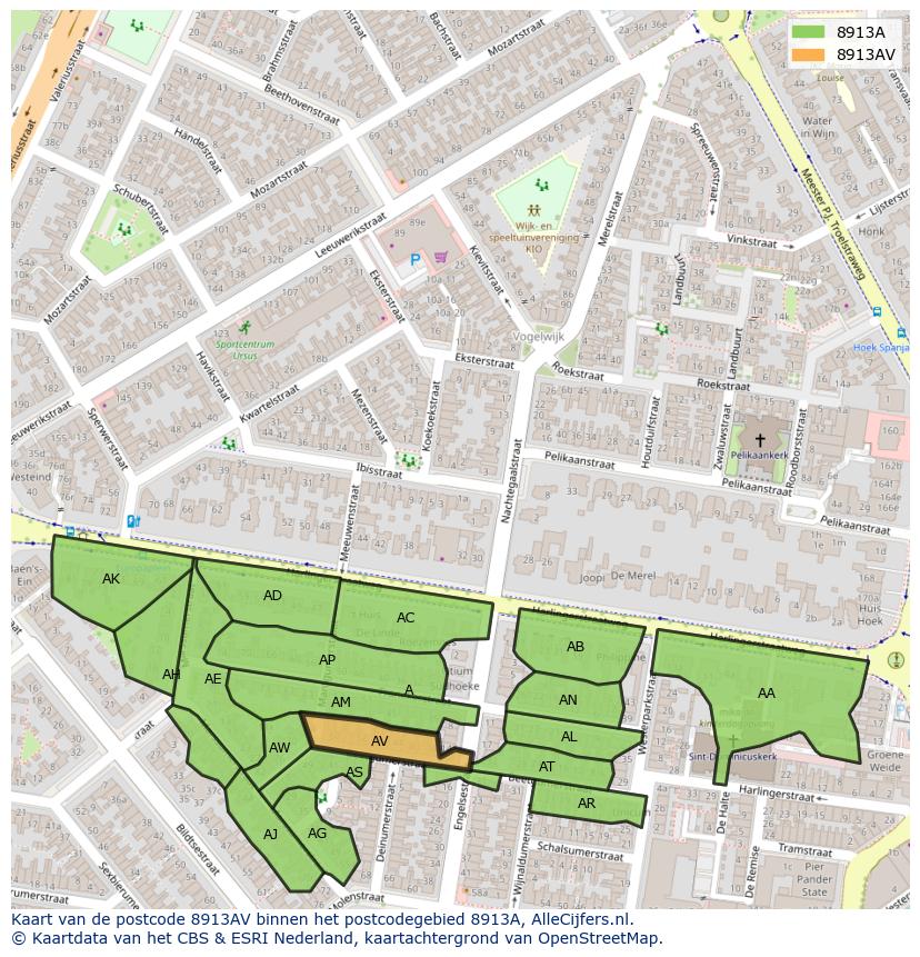Afbeelding van het postcodegebied 8913 AV op de kaart.