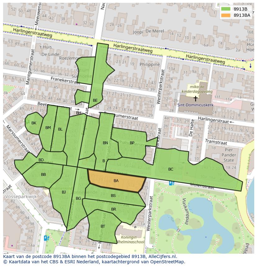 Afbeelding van het postcodegebied 8913 BA op de kaart.