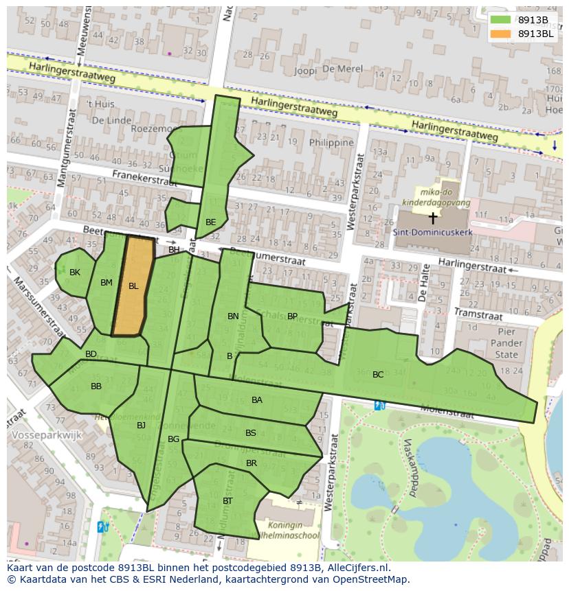 Afbeelding van het postcodegebied 8913 BL op de kaart.