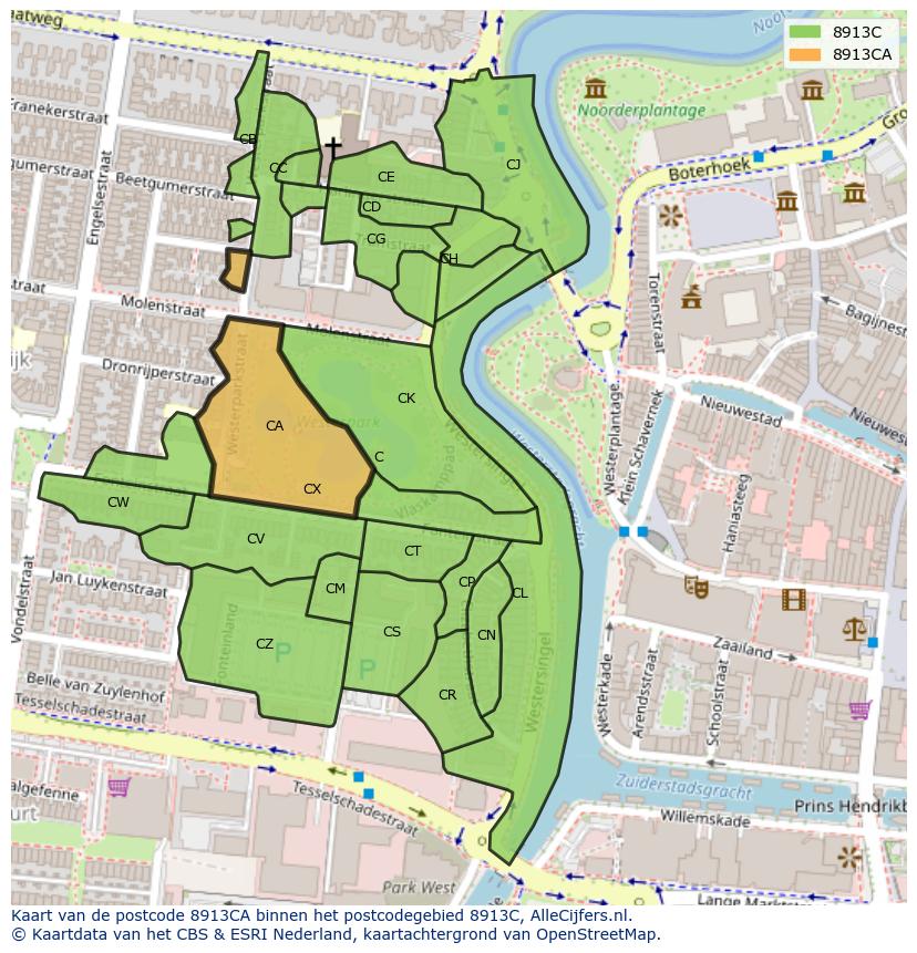 Afbeelding van het postcodegebied 8913 CA op de kaart.