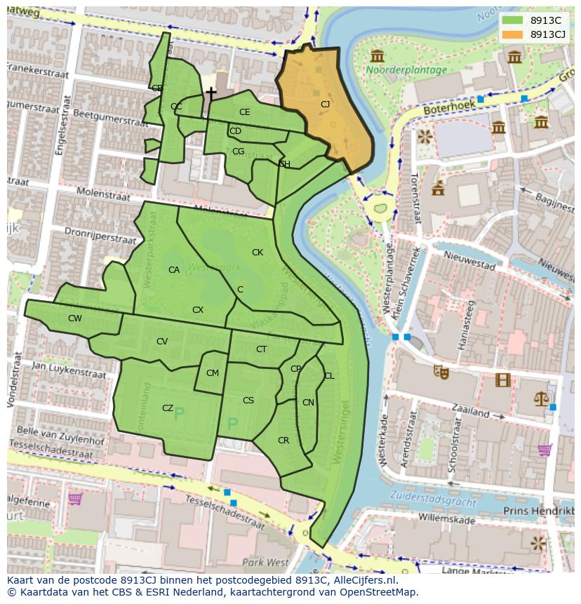 Afbeelding van het postcodegebied 8913 CJ op de kaart.