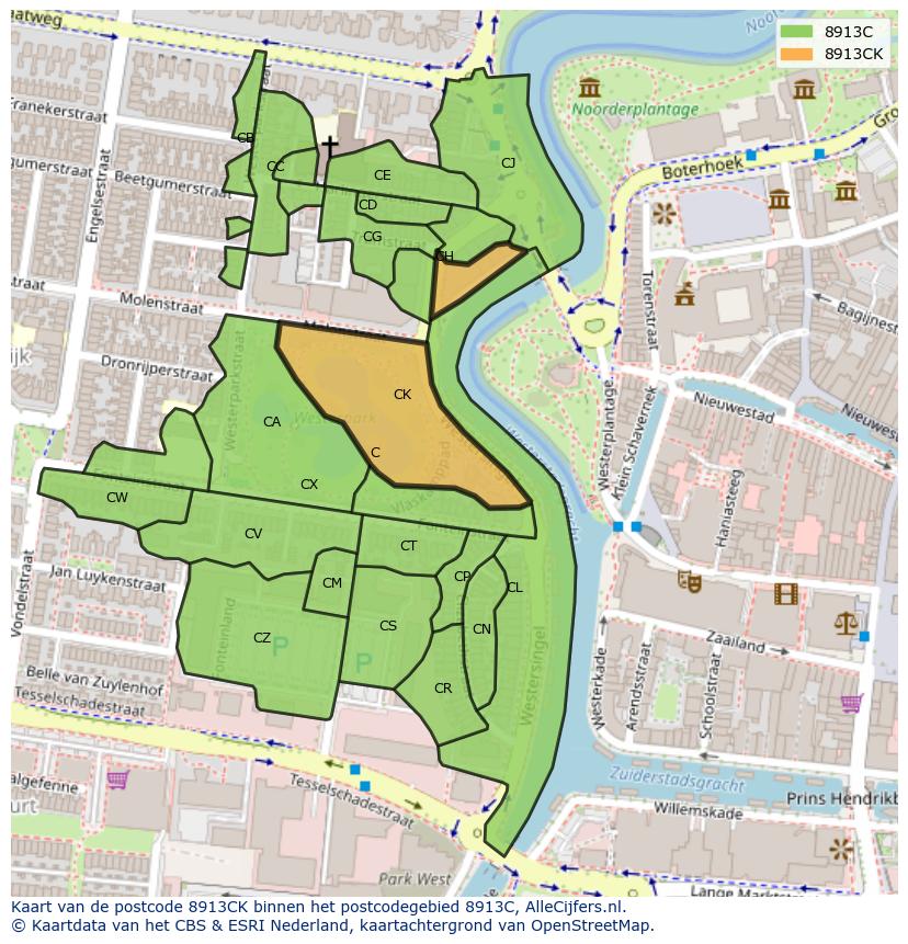 Afbeelding van het postcodegebied 8913 CK op de kaart.