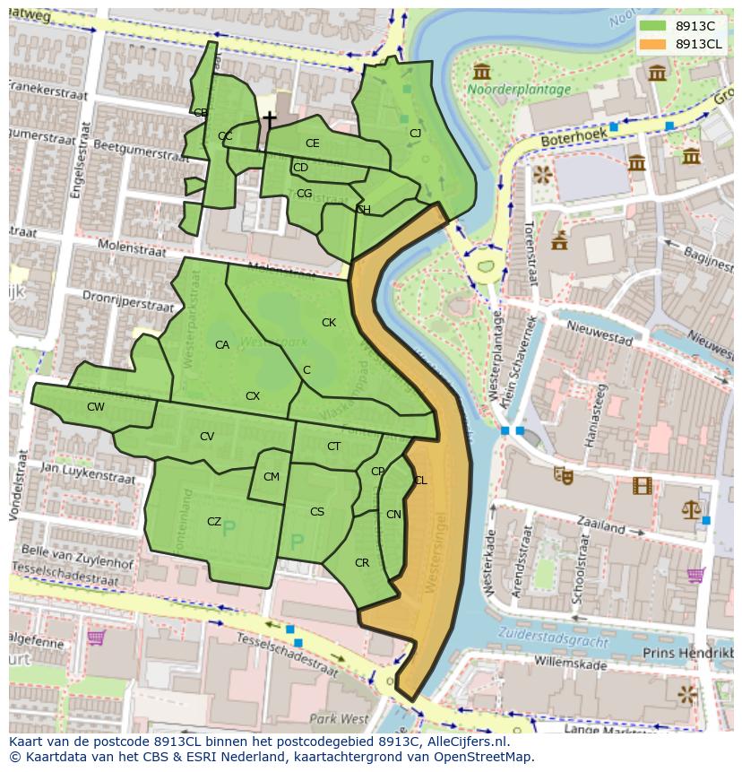 Afbeelding van het postcodegebied 8913 CL op de kaart.