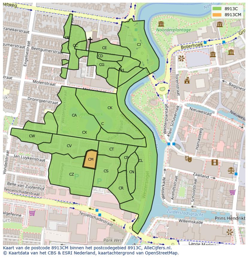 Afbeelding van het postcodegebied 8913 CM op de kaart.