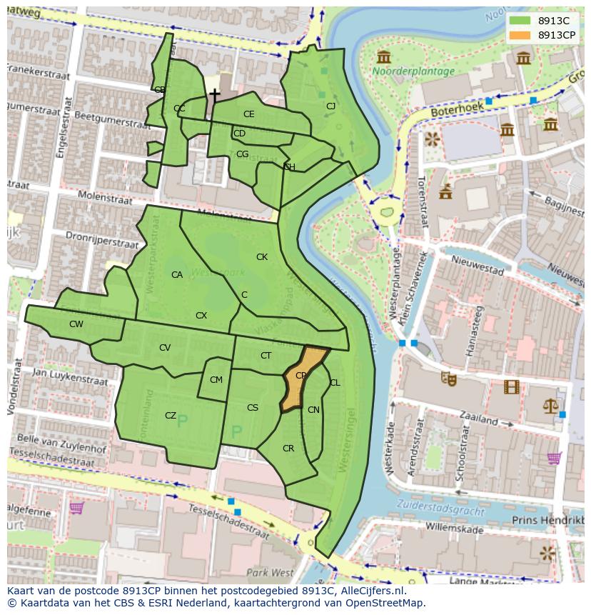 Afbeelding van het postcodegebied 8913 CP op de kaart.