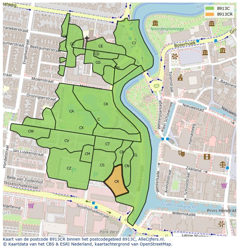 Afbeelding van het postcodegebied 8913 CR op de kaart.
