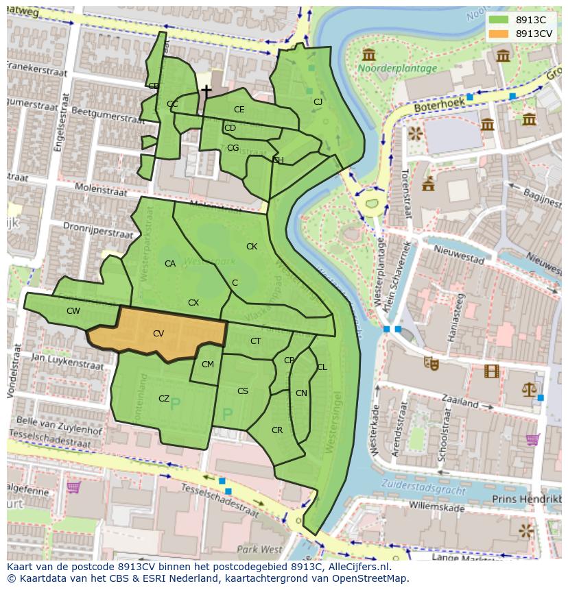 Afbeelding van het postcodegebied 8913 CV op de kaart.