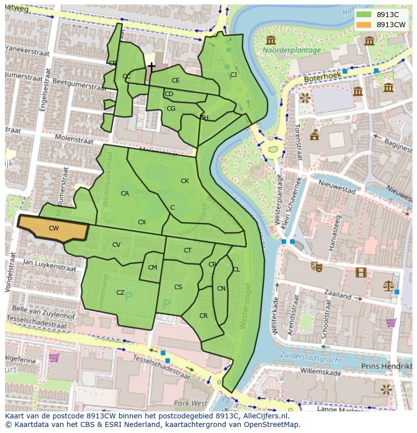 Afbeelding van het postcodegebied 8913 CW op de kaart.