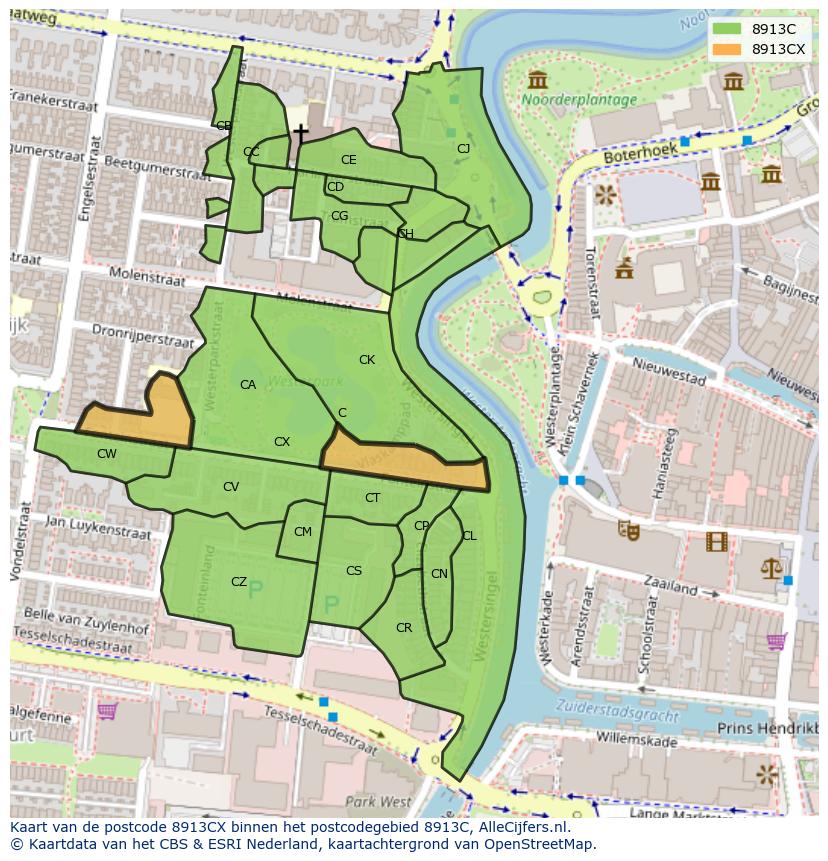 Afbeelding van het postcodegebied 8913 CX op de kaart.