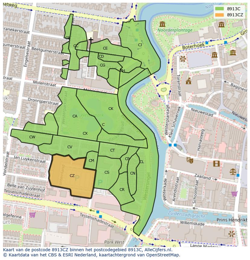 Afbeelding van het postcodegebied 8913 CZ op de kaart.