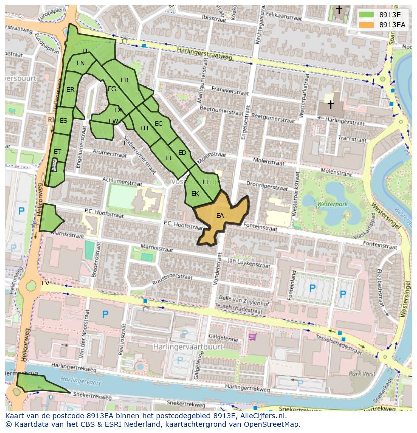 Afbeelding van het postcodegebied 8913 EA op de kaart.
