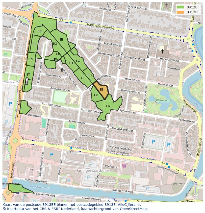Afbeelding van het postcodegebied 8913 EE op de kaart.
