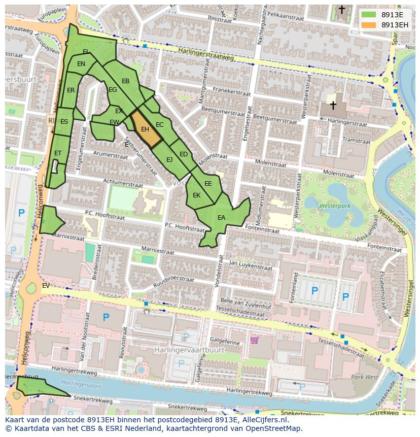 Afbeelding van het postcodegebied 8913 EH op de kaart.