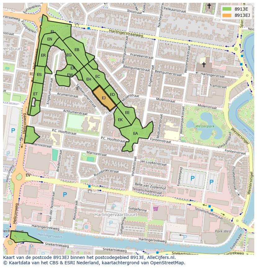 Afbeelding van het postcodegebied 8913 EJ op de kaart.