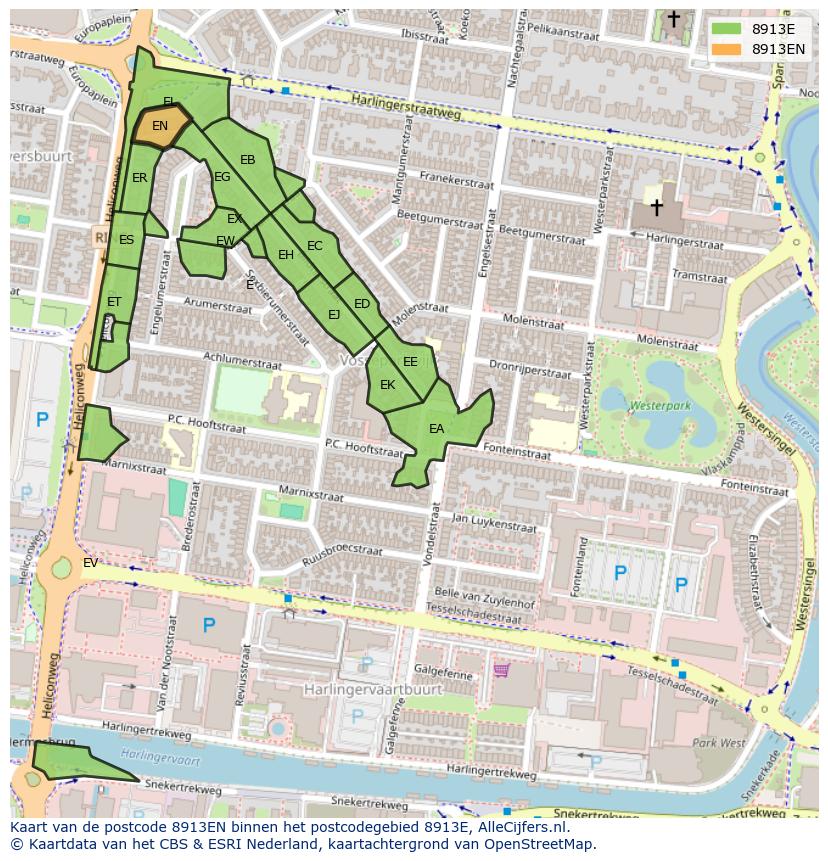 Afbeelding van het postcodegebied 8913 EN op de kaart.
