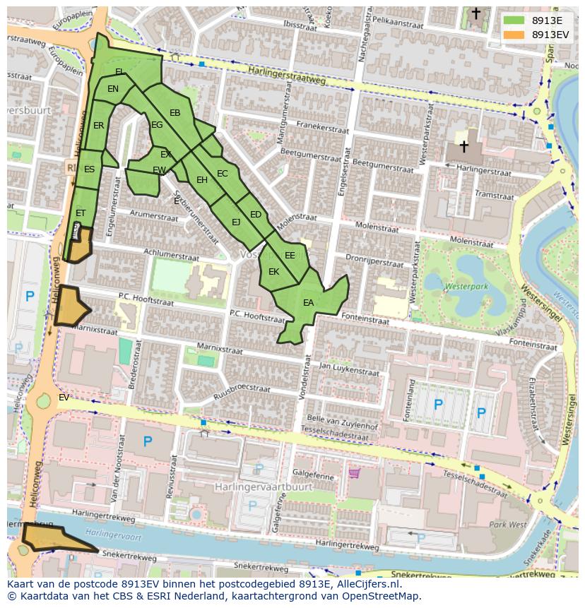 Afbeelding van het postcodegebied 8913 EV op de kaart.