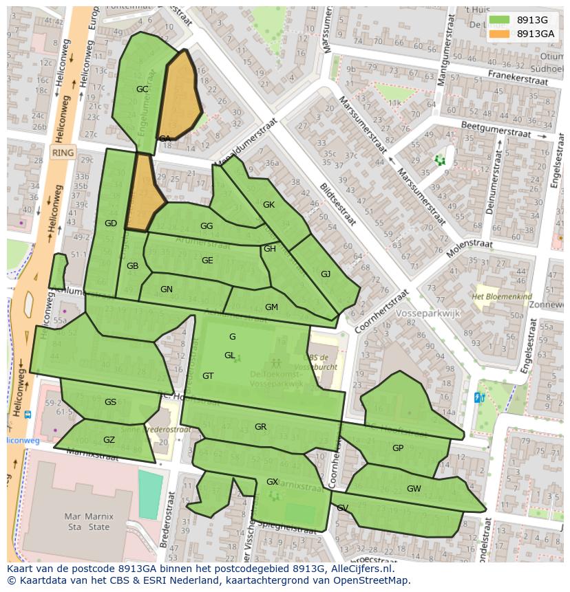 Afbeelding van het postcodegebied 8913 GA op de kaart.