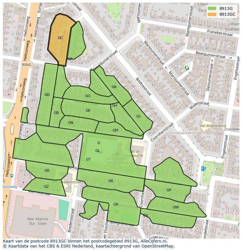 Afbeelding van het postcodegebied 8913 GC op de kaart.