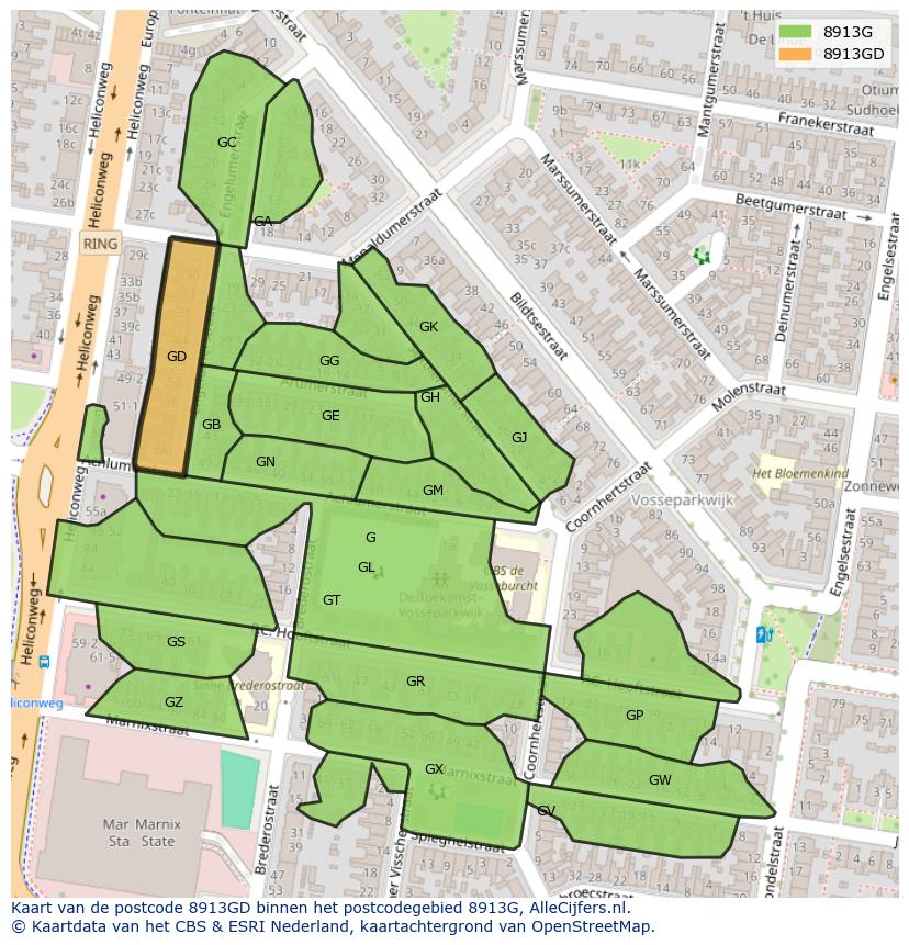 Afbeelding van het postcodegebied 8913 GD op de kaart.