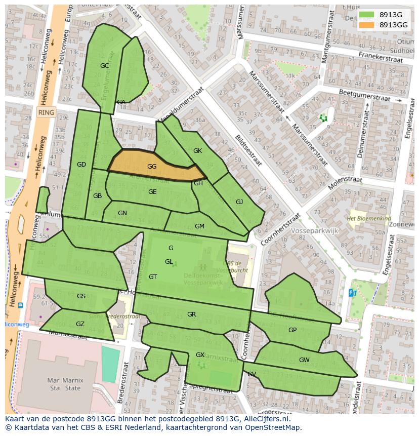 Afbeelding van het postcodegebied 8913 GG op de kaart.