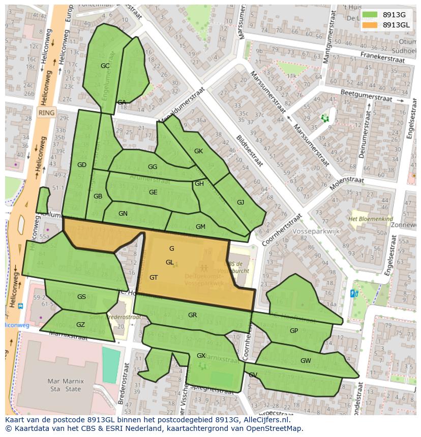 Afbeelding van het postcodegebied 8913 GL op de kaart.