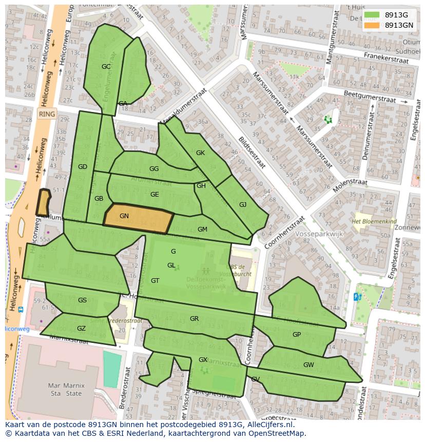 Afbeelding van het postcodegebied 8913 GN op de kaart.