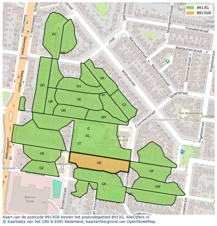 Afbeelding van het postcodegebied 8913 GR op de kaart.