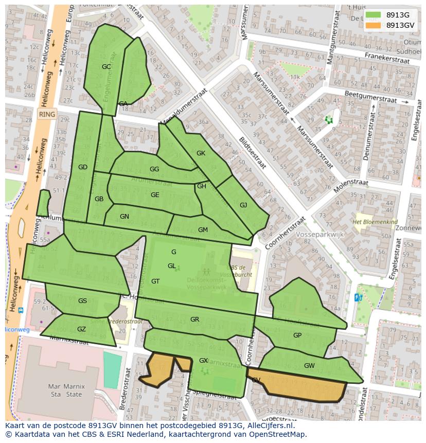 Afbeelding van het postcodegebied 8913 GV op de kaart.