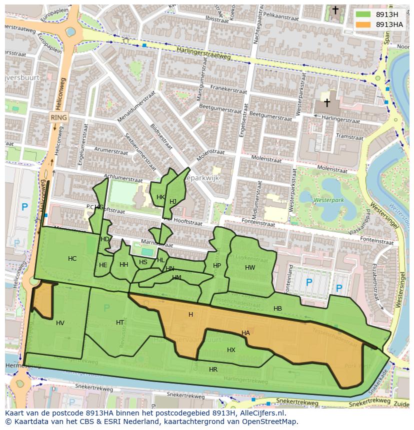 Afbeelding van het postcodegebied 8913 HA op de kaart.