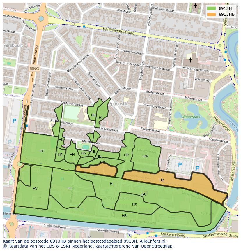 Afbeelding van het postcodegebied 8913 HB op de kaart.