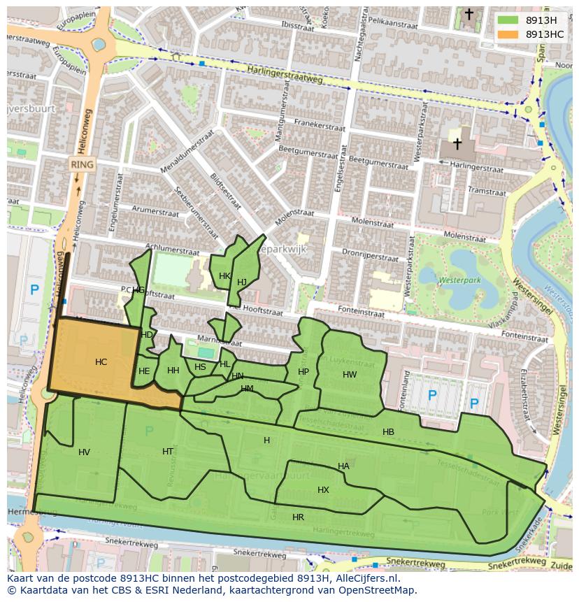 Afbeelding van het postcodegebied 8913 HC op de kaart.