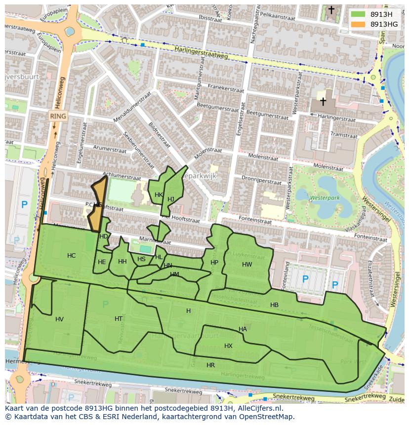Afbeelding van het postcodegebied 8913 HG op de kaart.