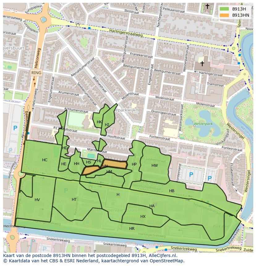 Afbeelding van het postcodegebied 8913 HN op de kaart.