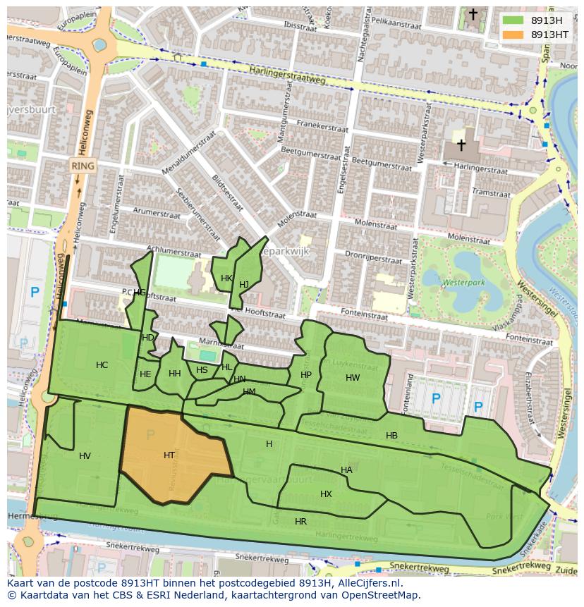Afbeelding van het postcodegebied 8913 HT op de kaart.
