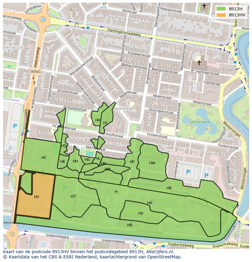 Afbeelding van het postcodegebied 8913 HV op de kaart.