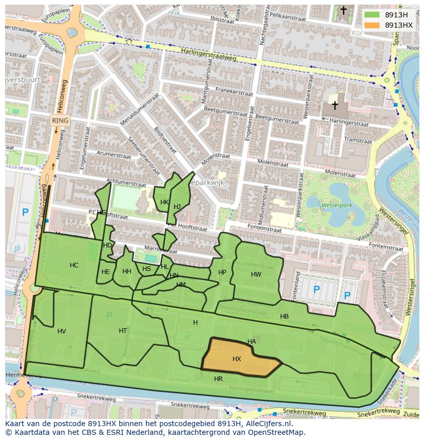 Afbeelding van het postcodegebied 8913 HX op de kaart.