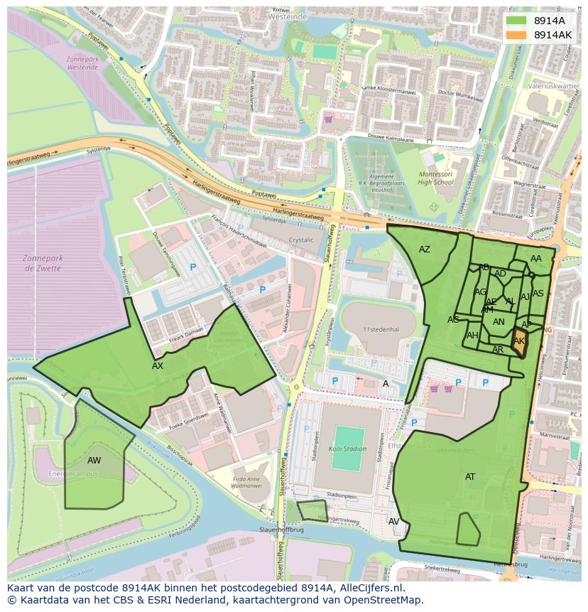 Afbeelding van het postcodegebied 8914 AK op de kaart.