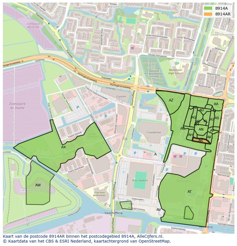 Afbeelding van het postcodegebied 8914 AR op de kaart.