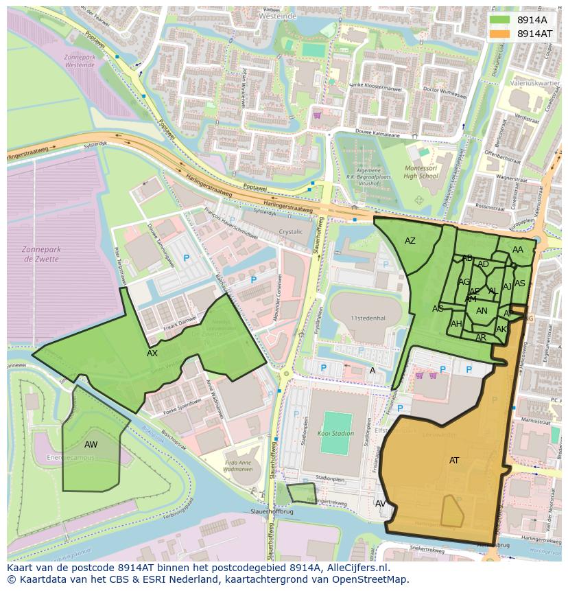 Afbeelding van het postcodegebied 8914 AT op de kaart.