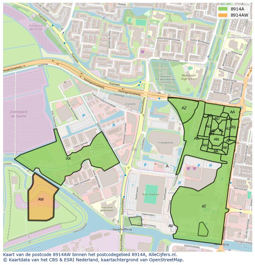 Afbeelding van het postcodegebied 8914 AW op de kaart.